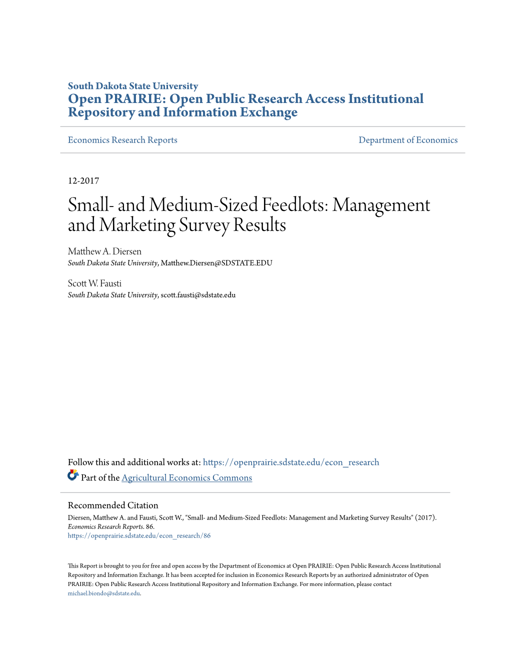 Small- and Medium-Sized Feedlots: Management and Marketing Survey Results Matthew A