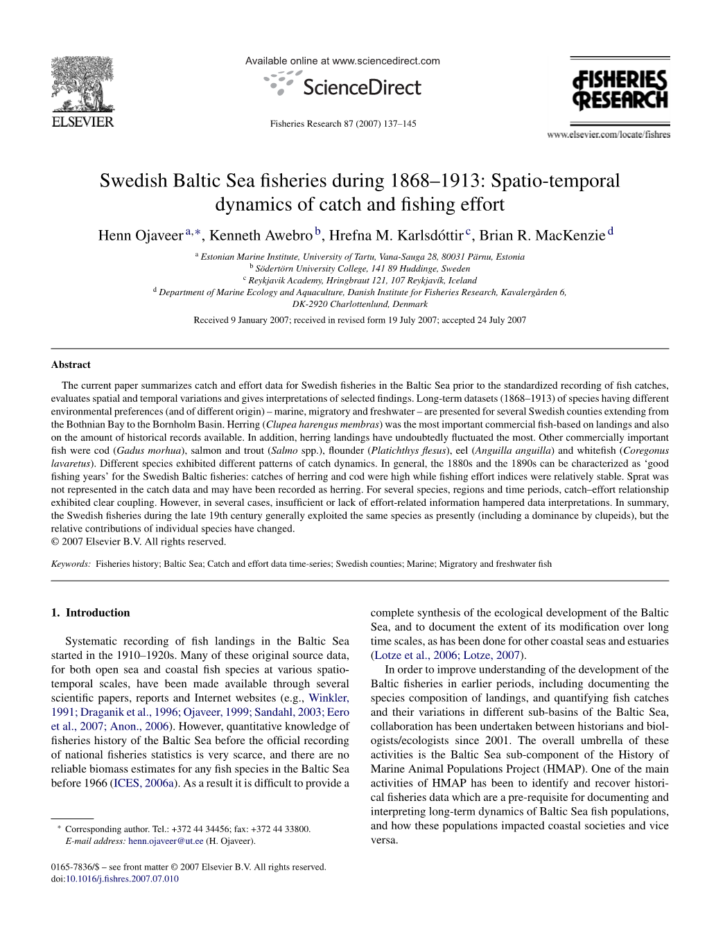 Swedish Baltic Sea Fisheries During 1868–1913
