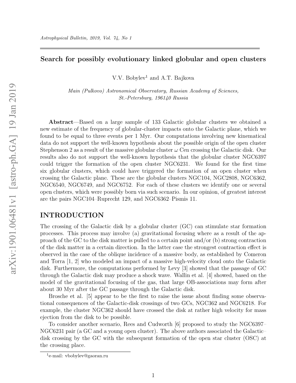 Arxiv:1901.06481V1 [Astro-Ph.GA] 19 Jan 2019 Tpesn2a Euto H Asv Lblrcluster Inv Globular O Massive Computations Possible the Our the of Result About Myr