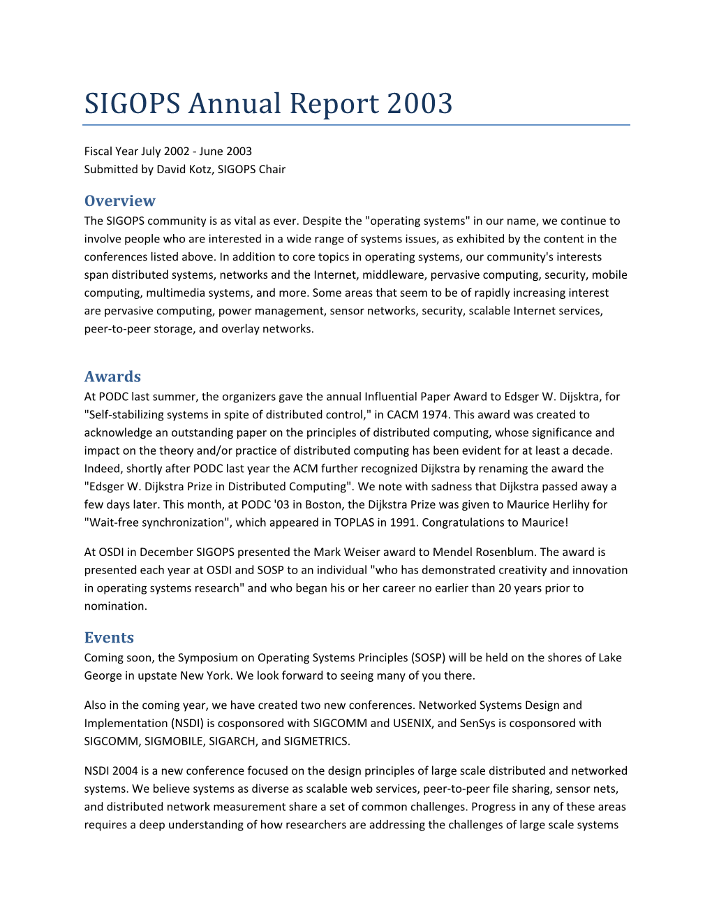 SIGOPS Annual Report 2003