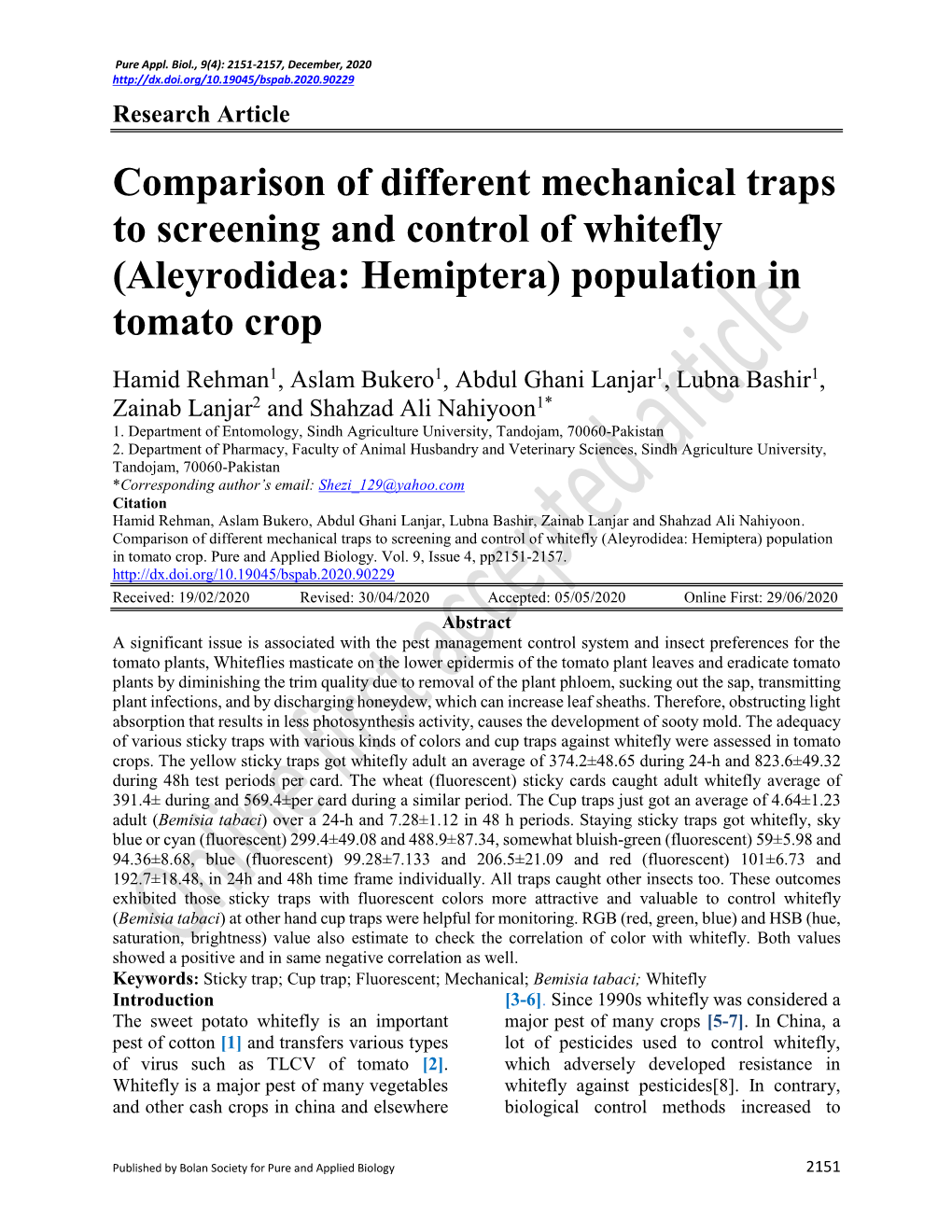 Comparison of Different Mechanical Traps to Screening and Control of Whitefly (Aleyrodidea: Hemiptera) Population in Tomato Crop