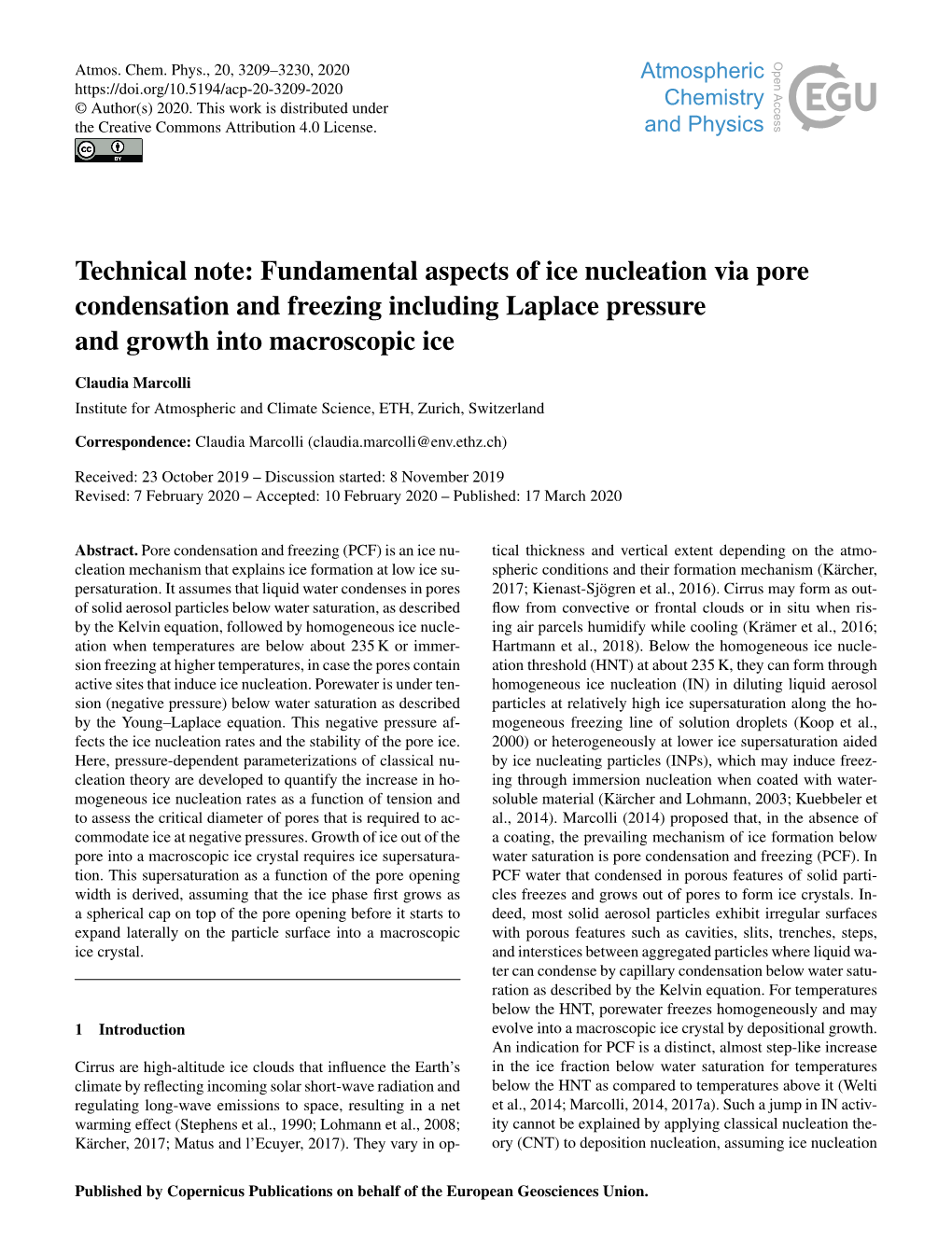 Fundamental Aspects of Ice Nucleation Via Pore Condensation and Freezing Including Laplace Pressure and Growth Into Macroscopic Ice