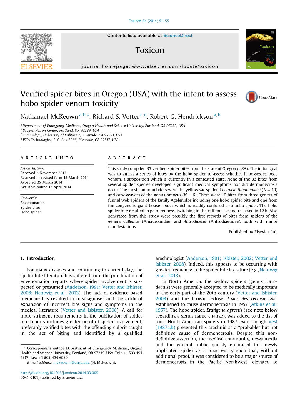 Verified Spider Bites in Oregon (USA) with the Intent to Assess Hobo