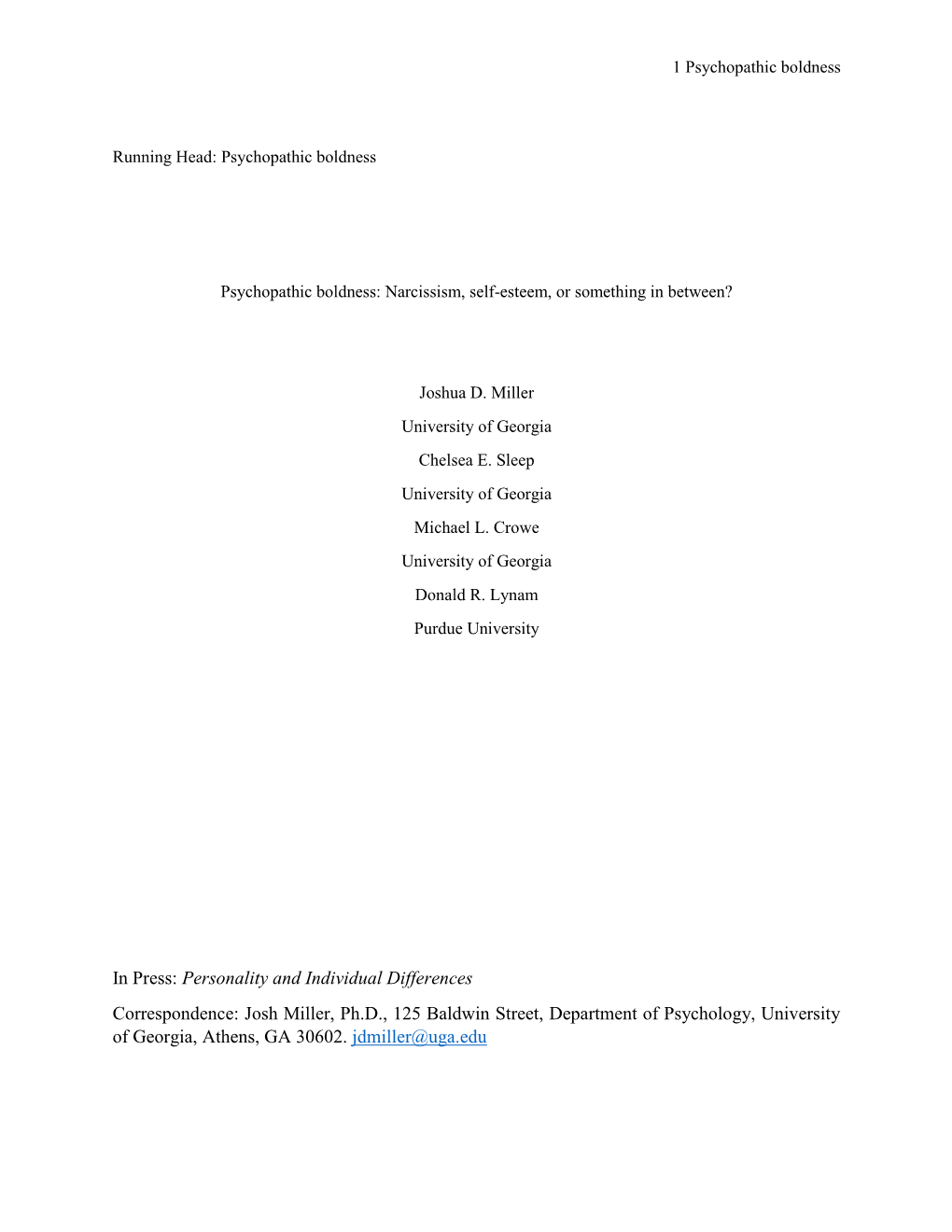 Josh Miller, Ph.D., 125 Baldwin Street, Department of Psychology, University of Georgia, Athens, GA 30602