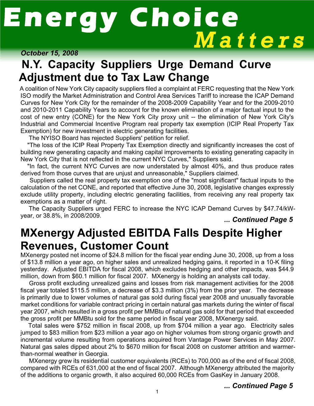 N.Y. Capacity Suppliers Urge Demand Curve Adjustment Due to Tax Law