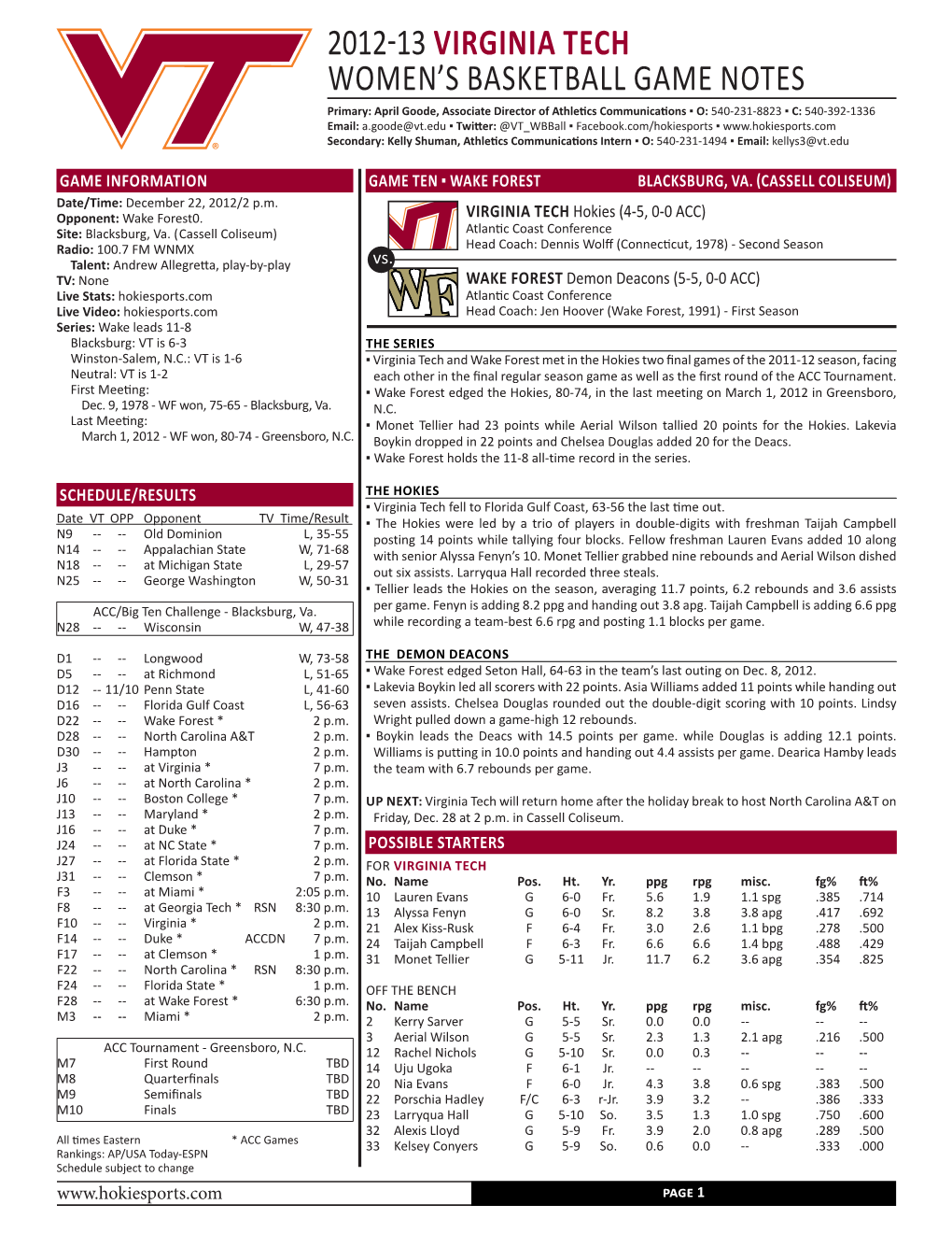 2012-13 Virginia Tech Women's BASKETBALL GAME Notes
