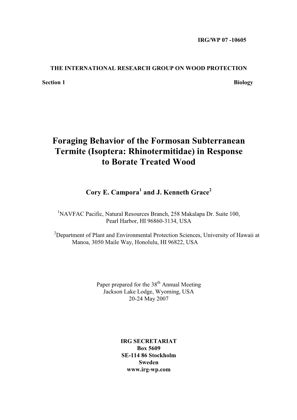 Foraging Behavior of the Formosan Subterranean Termite (Isoptera: Rhinotermitidae) in Response to Borate Treated Wood