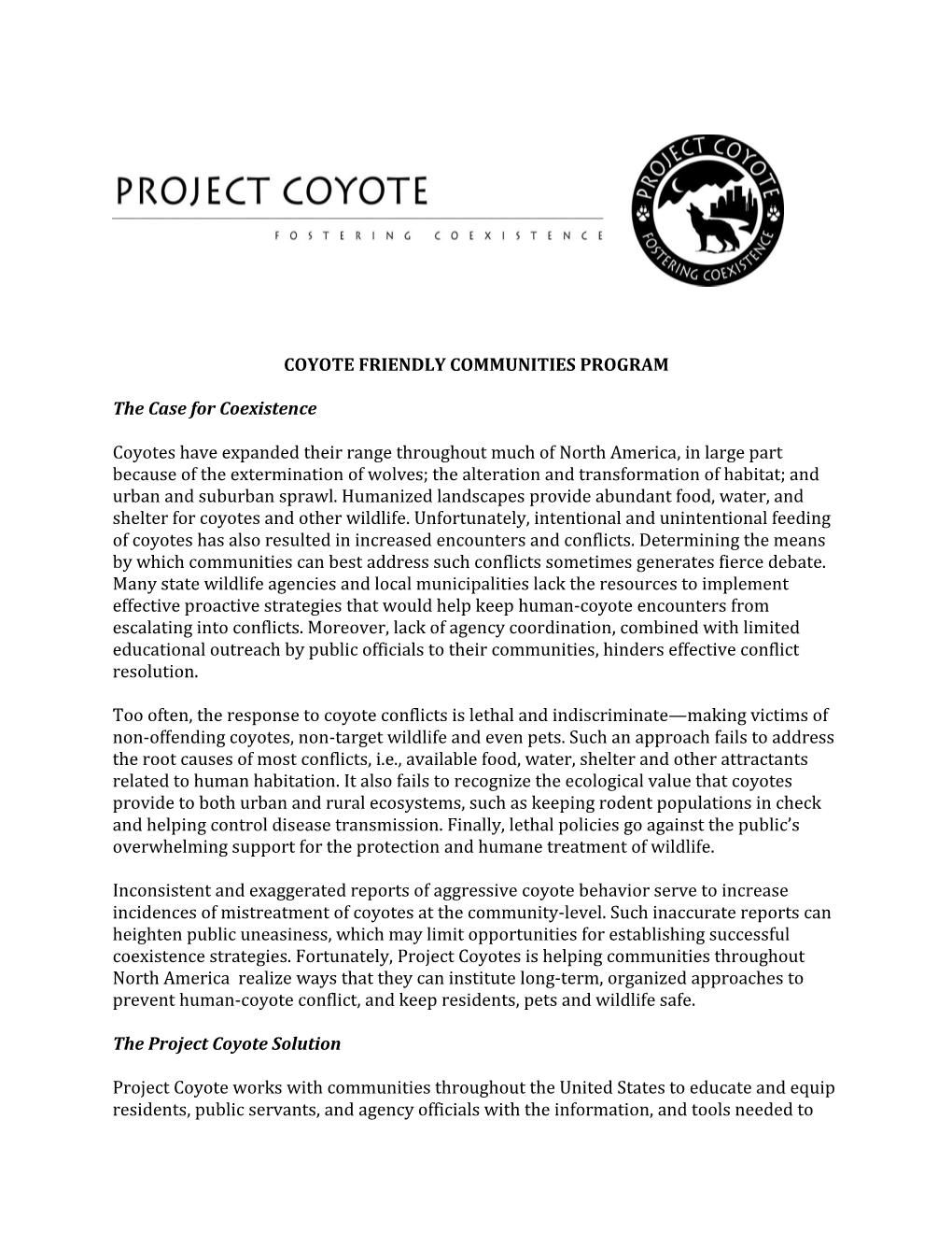 COYOTE FRIENDLY COMMUNITIES PROGRAM the Case For