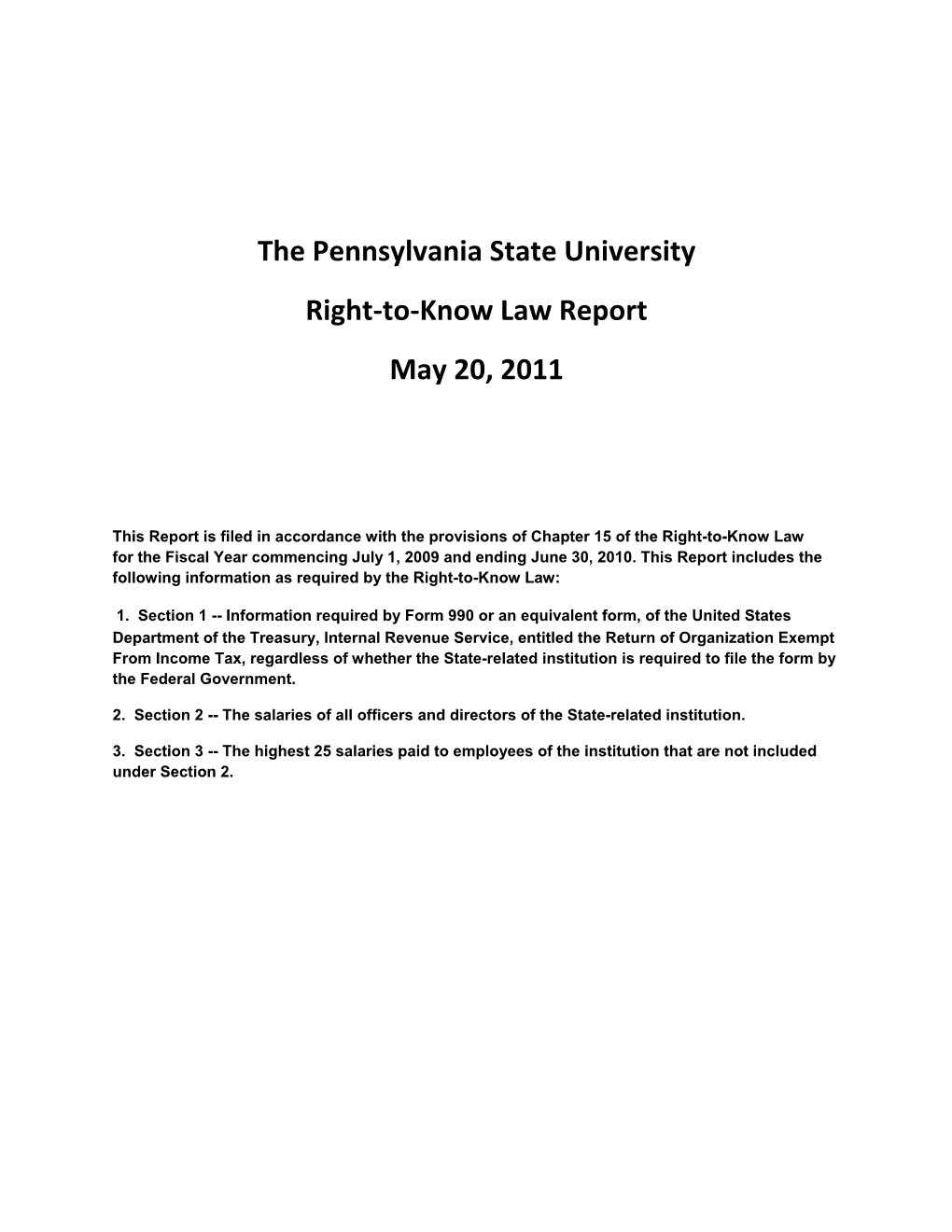 The Pennsylvania State University Right-To-Know Law Report May 20, 2011