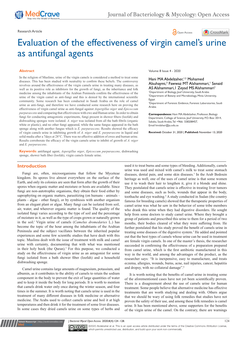 Evaluation of the Effectiveness of Virgin Camel's Urine As Antifungal