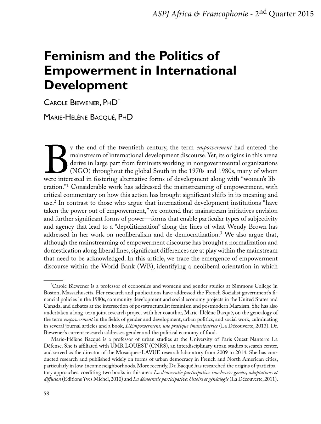 Feminism and the Politics of Empowerment in International Development