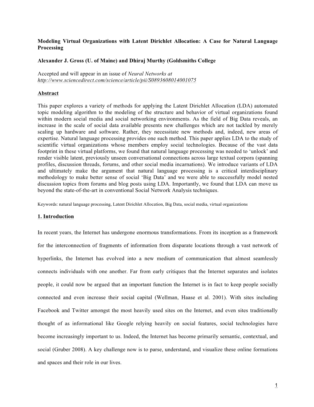 Modeling Virtual Organizations with Latent Dirichlet Allocation: a Case for Natural Language Processing