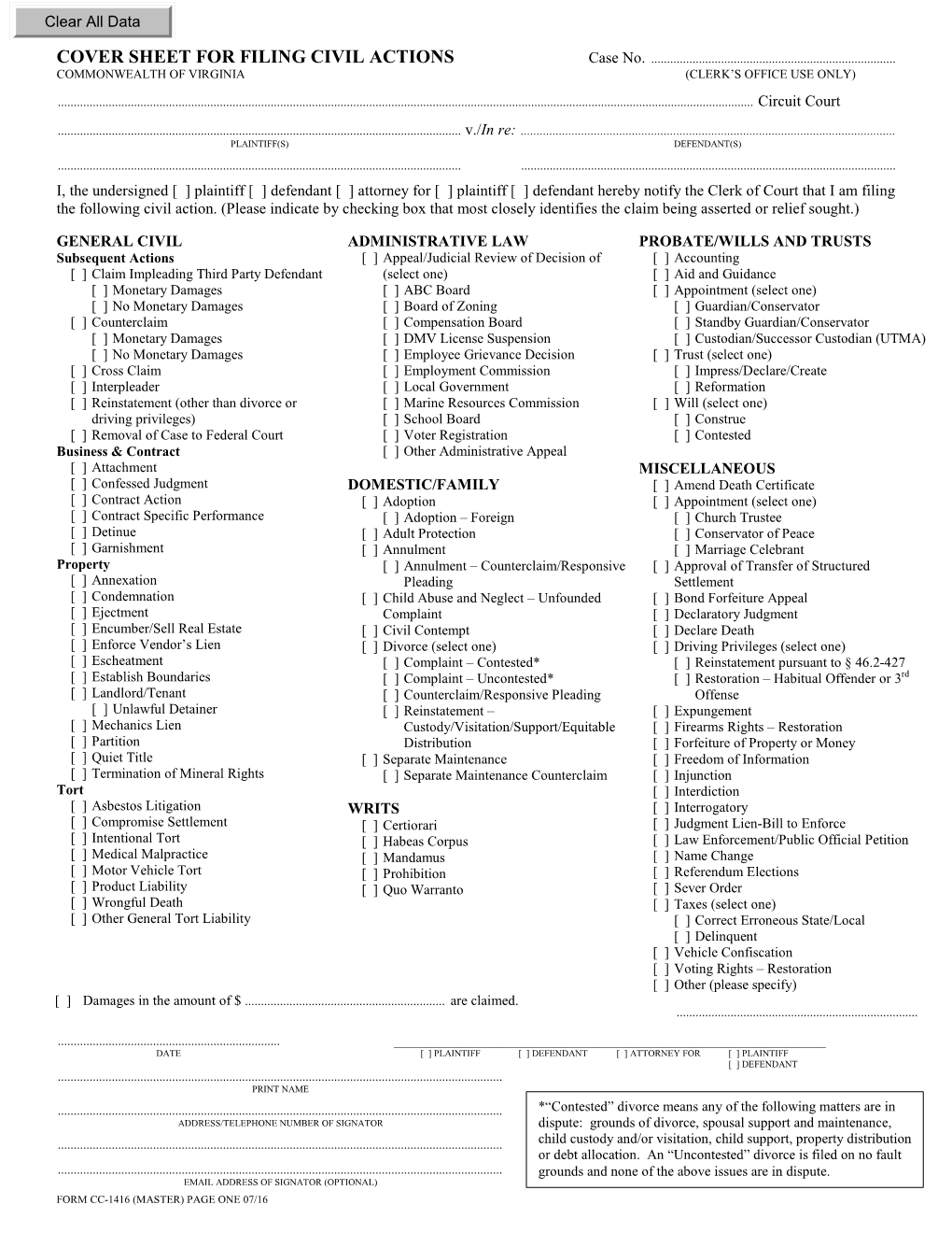 CC-1416 Cover Sheet for Civil Actions