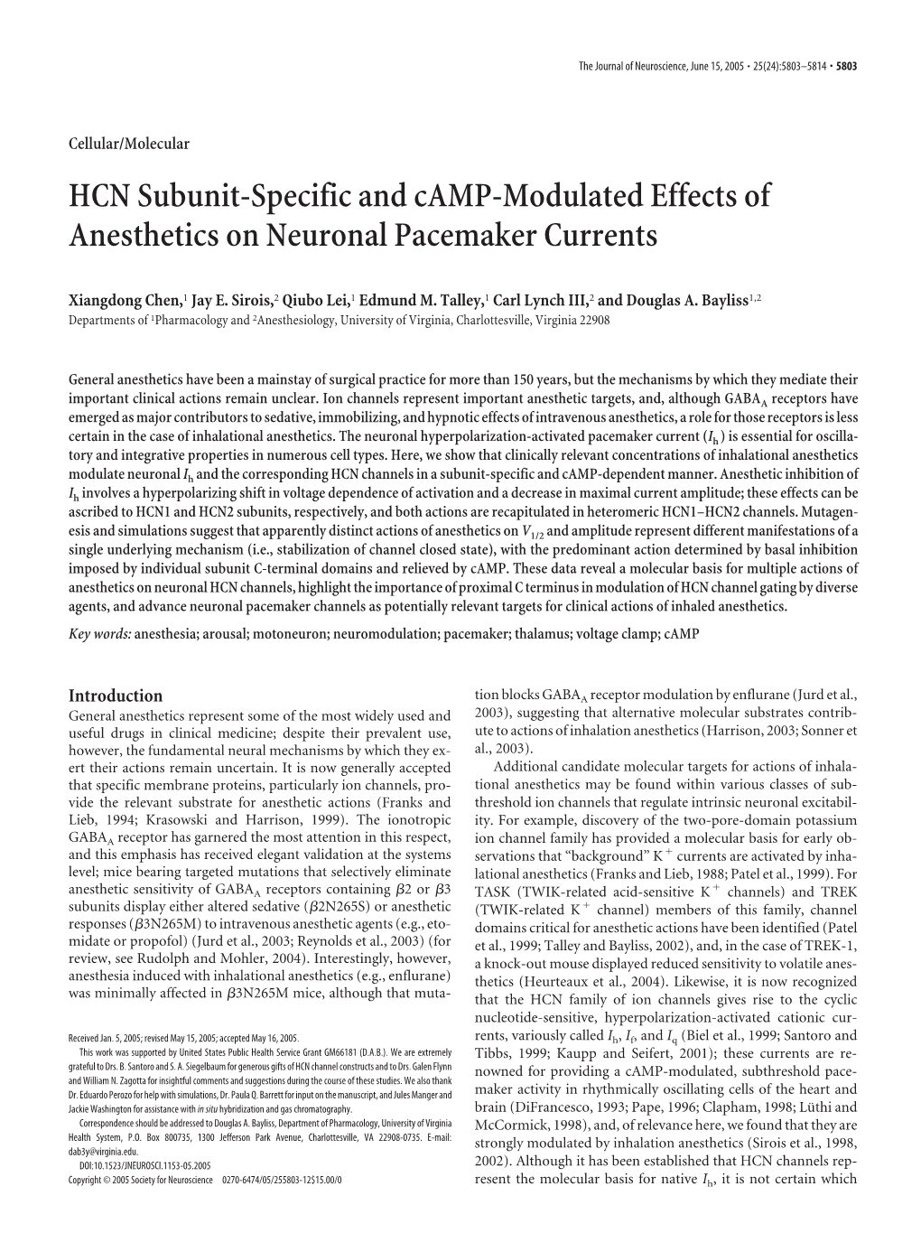 HCN Subunit-Specific and Camp-Modulated Effects of Anesthetics on Neuronal Pacemaker Currents