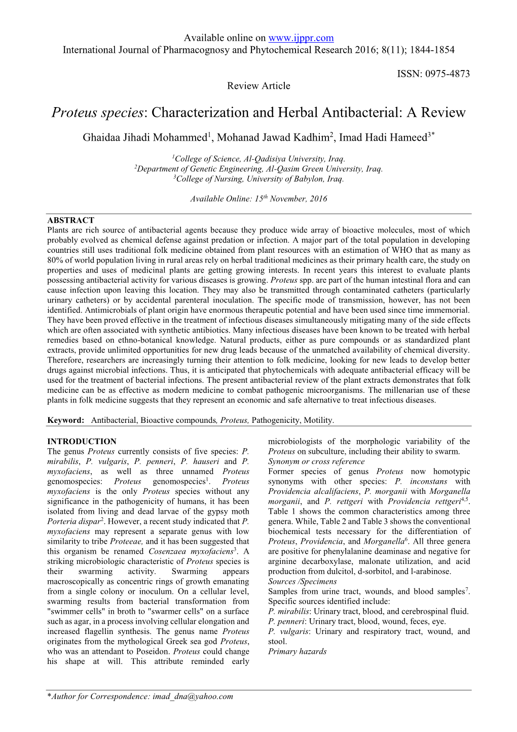 Proteus Species: Characterization and Herbal Antibacterial: a Review