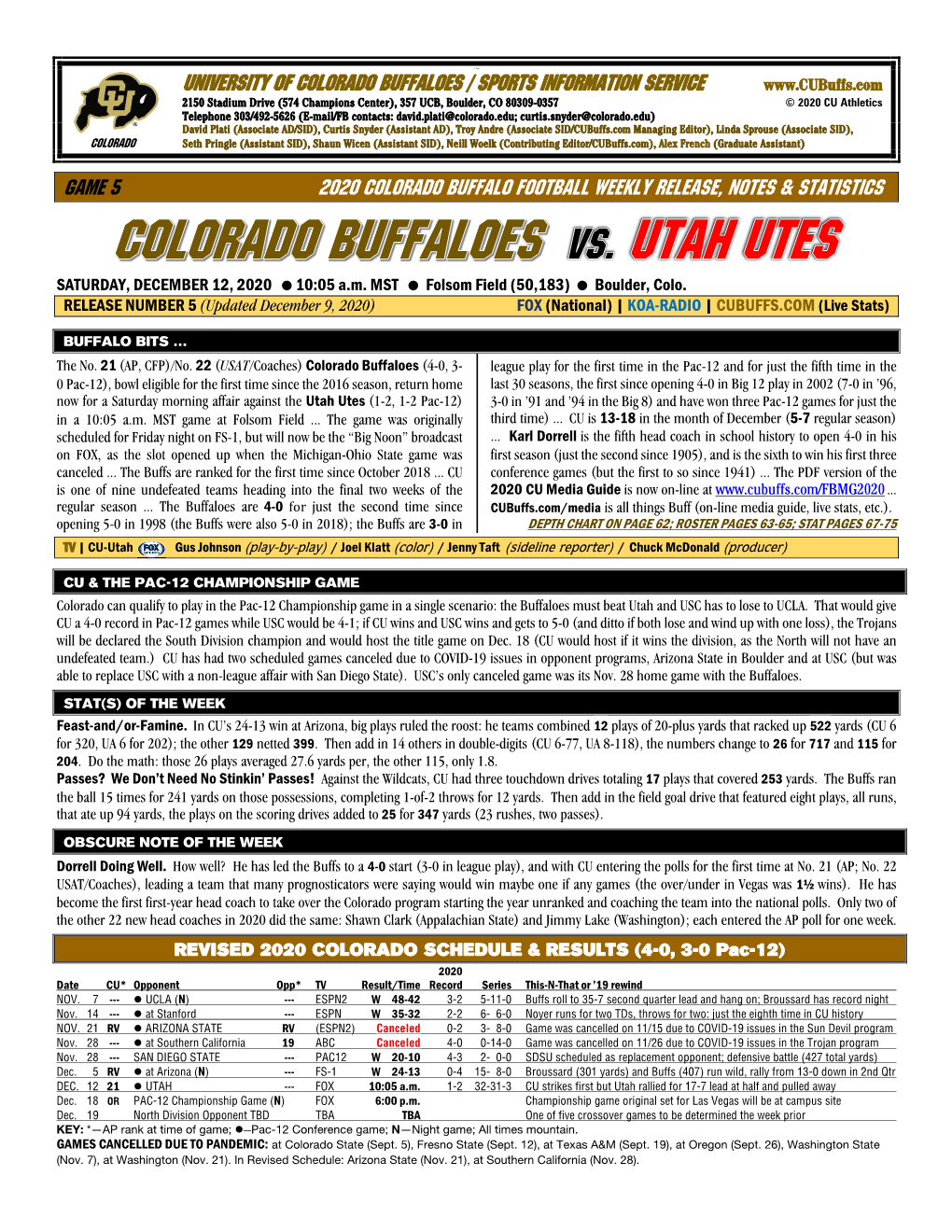 University of Colorado Buffaloes / Sports Information Service Game 5 2020 Colorado Buffalo Football Weekly Release, Notes &