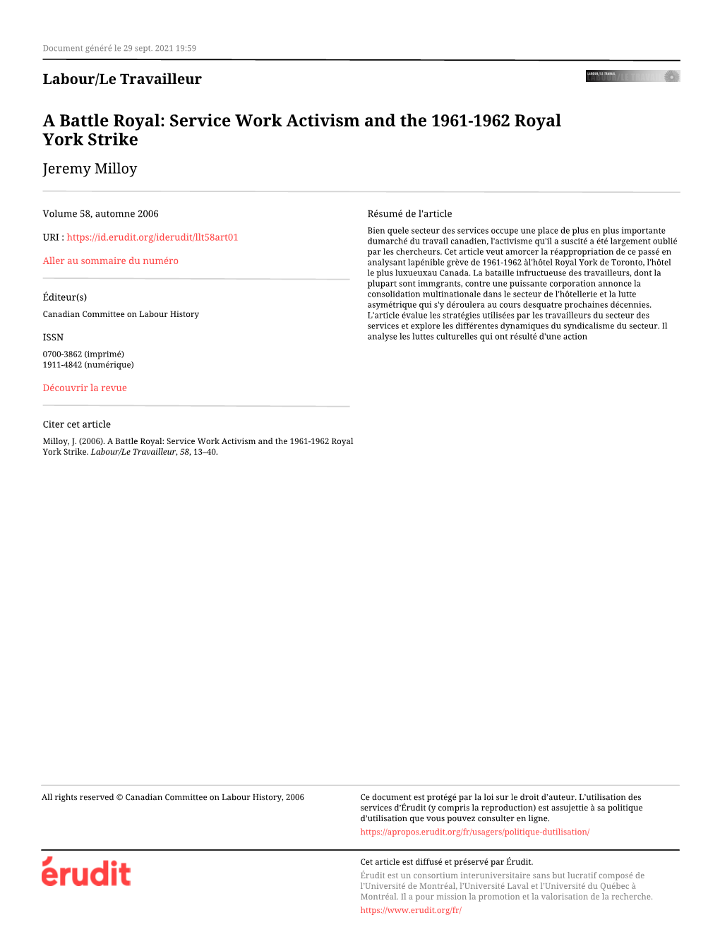 Service Work Activism and the 1961-1962 Royal York Strike Jeremy Milloy