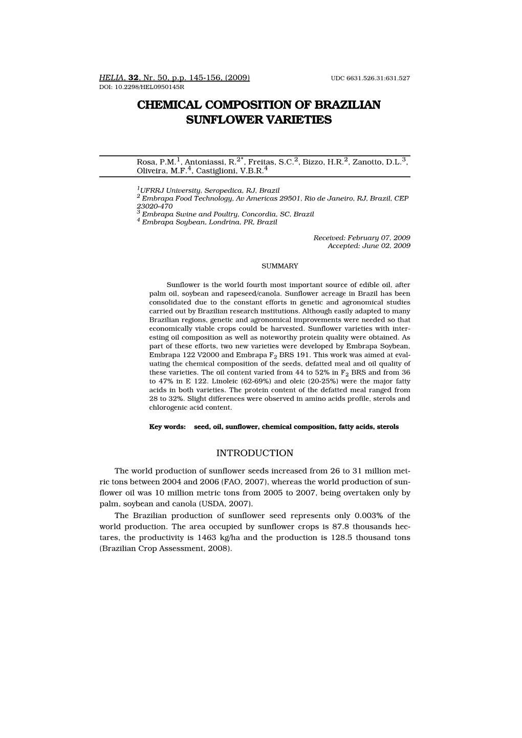 Chemical Composition of Brazilian Sunflower Varieties