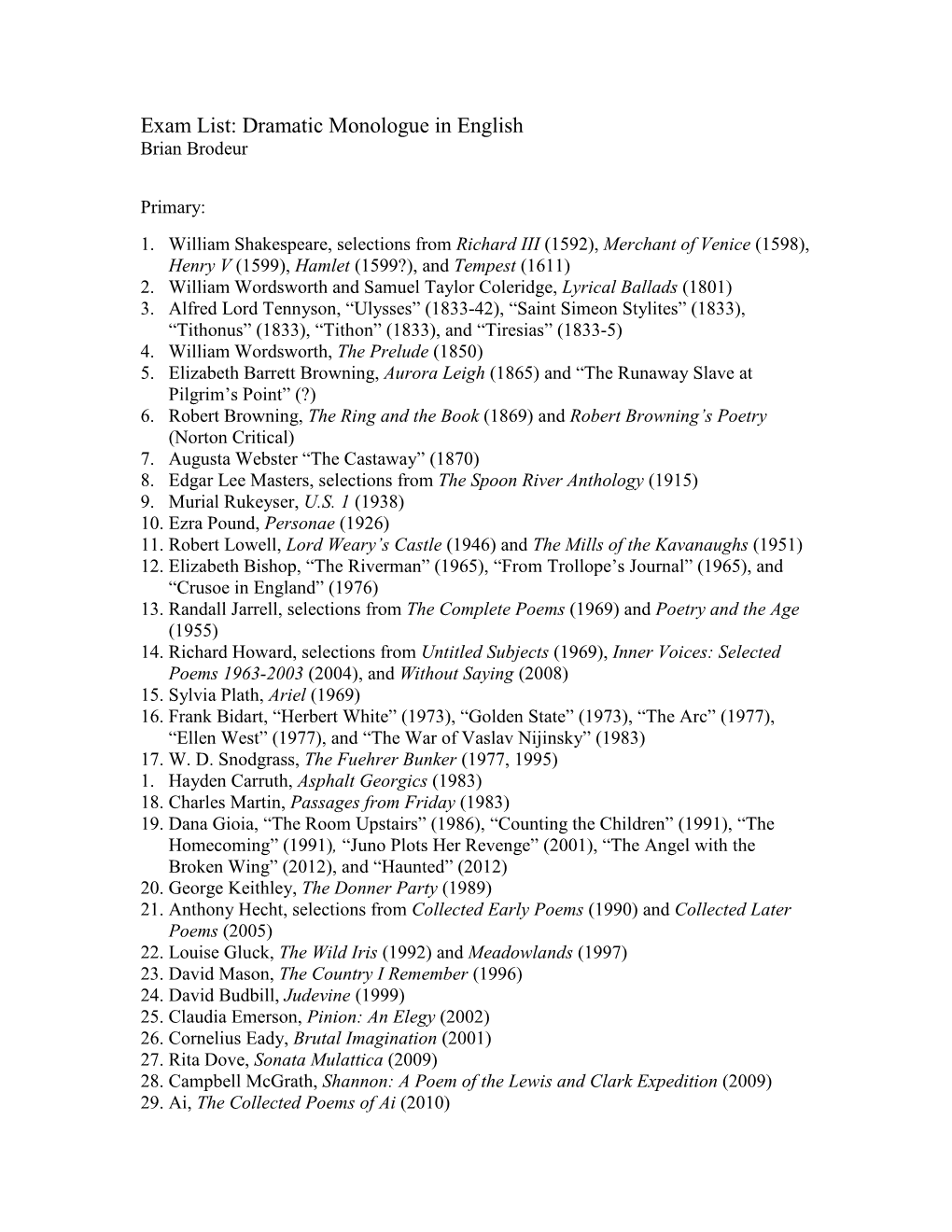 Exam List: Dramatic Monologue in English Brian Brodeur