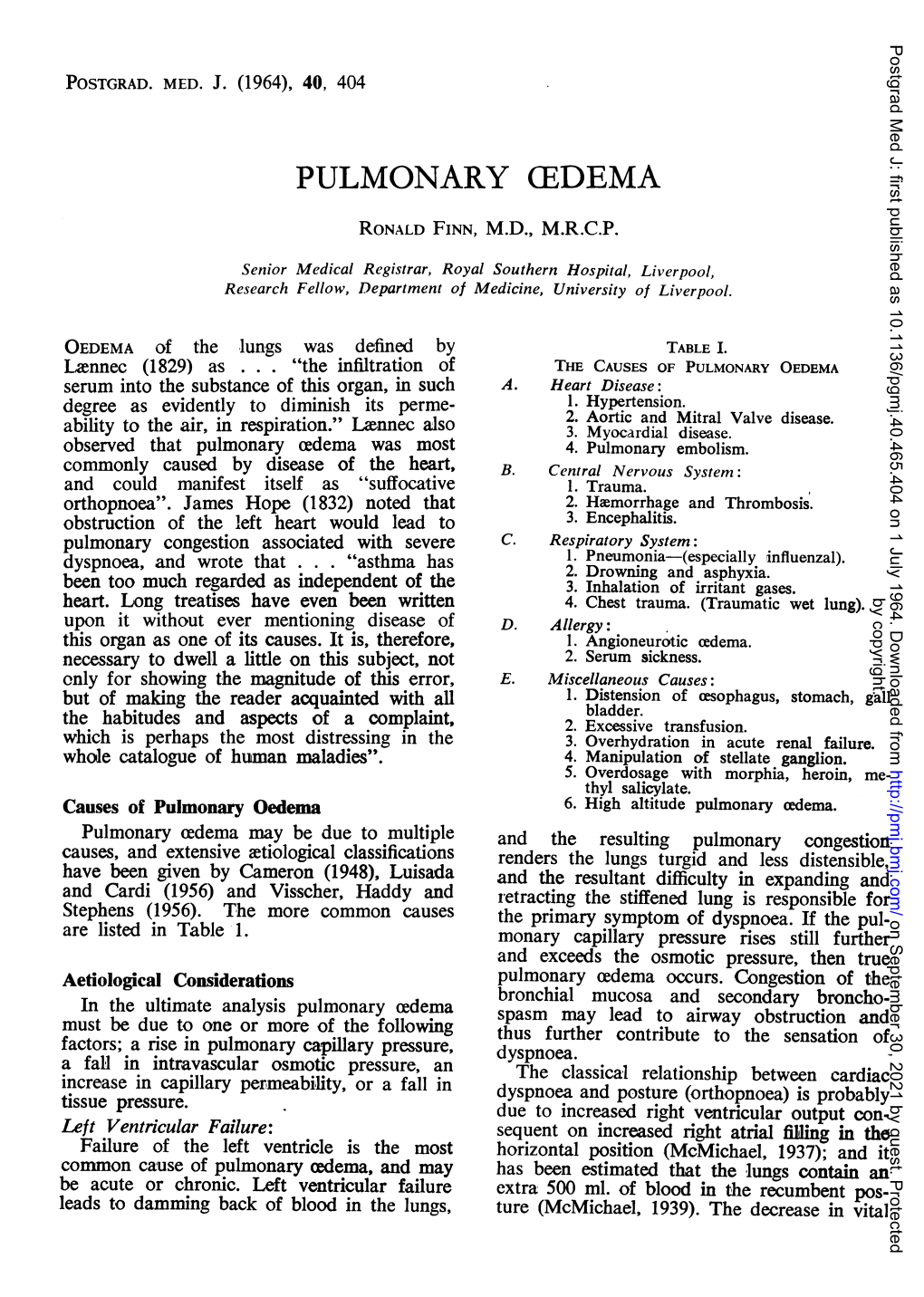 Pulmonary Cedema Ronald Finn, M.D., M.R.C.P