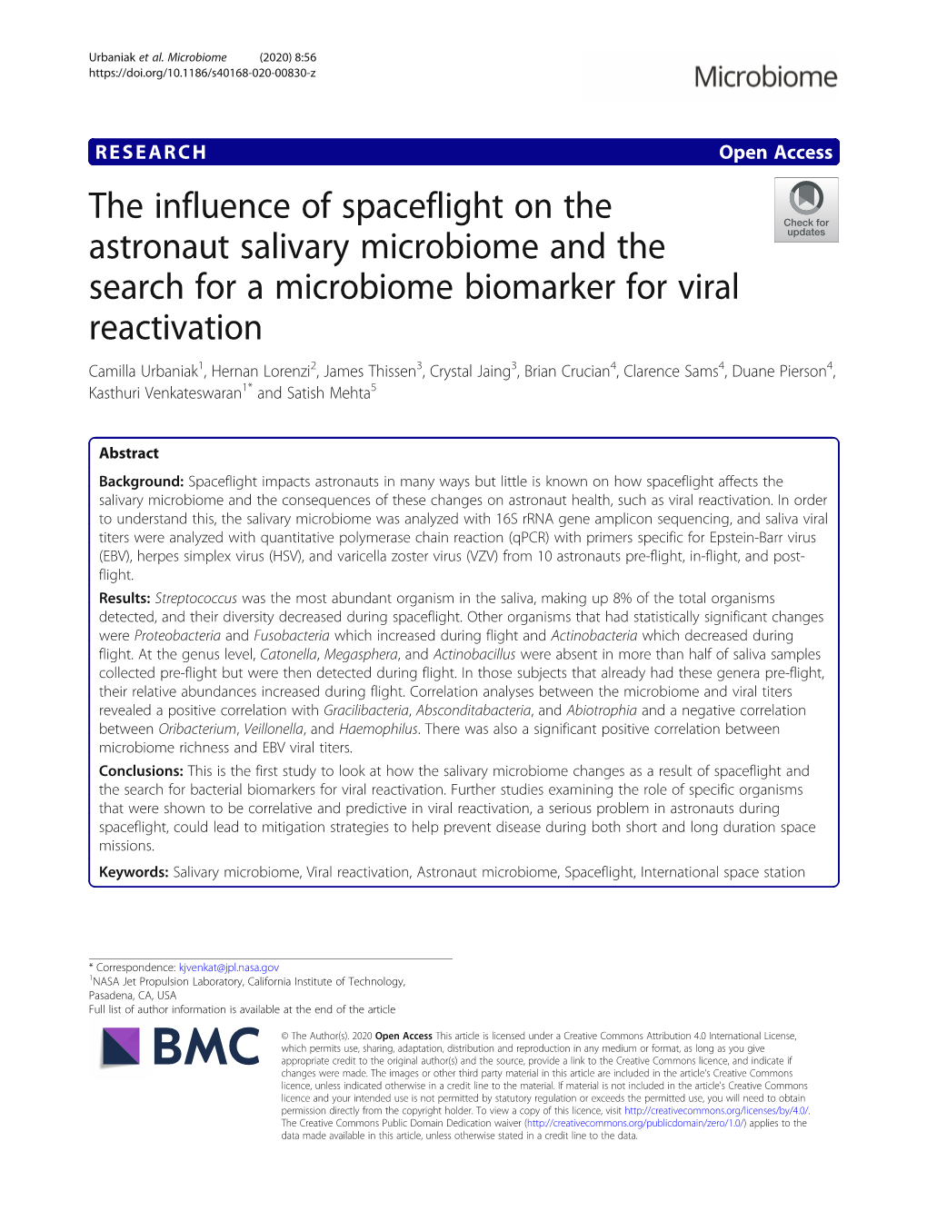 The Influence of Spaceflight on the Astronaut Salivary Microbiome And