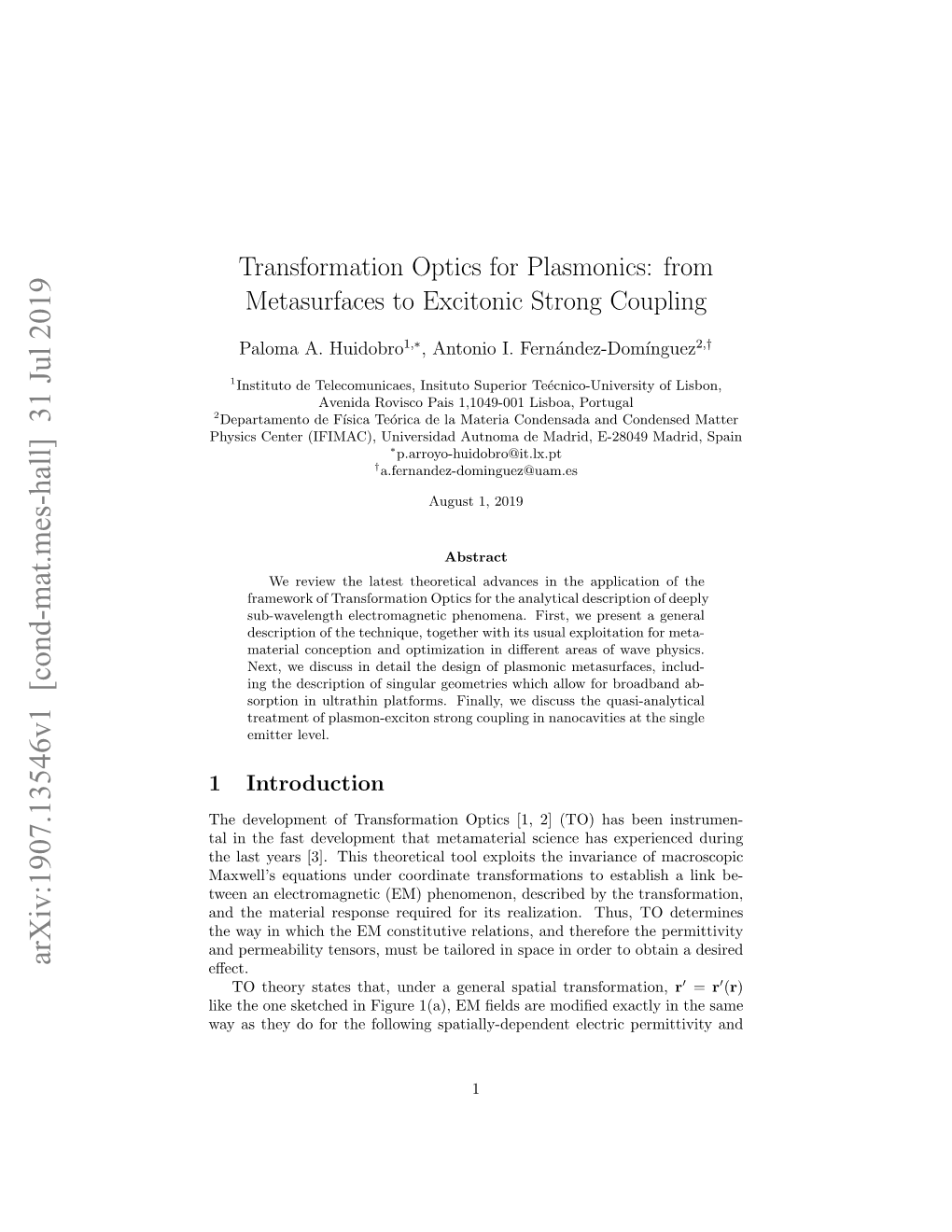 Transformation Optics for Plasmonics: from Metasurfaces to Excitonic Strong Coupling