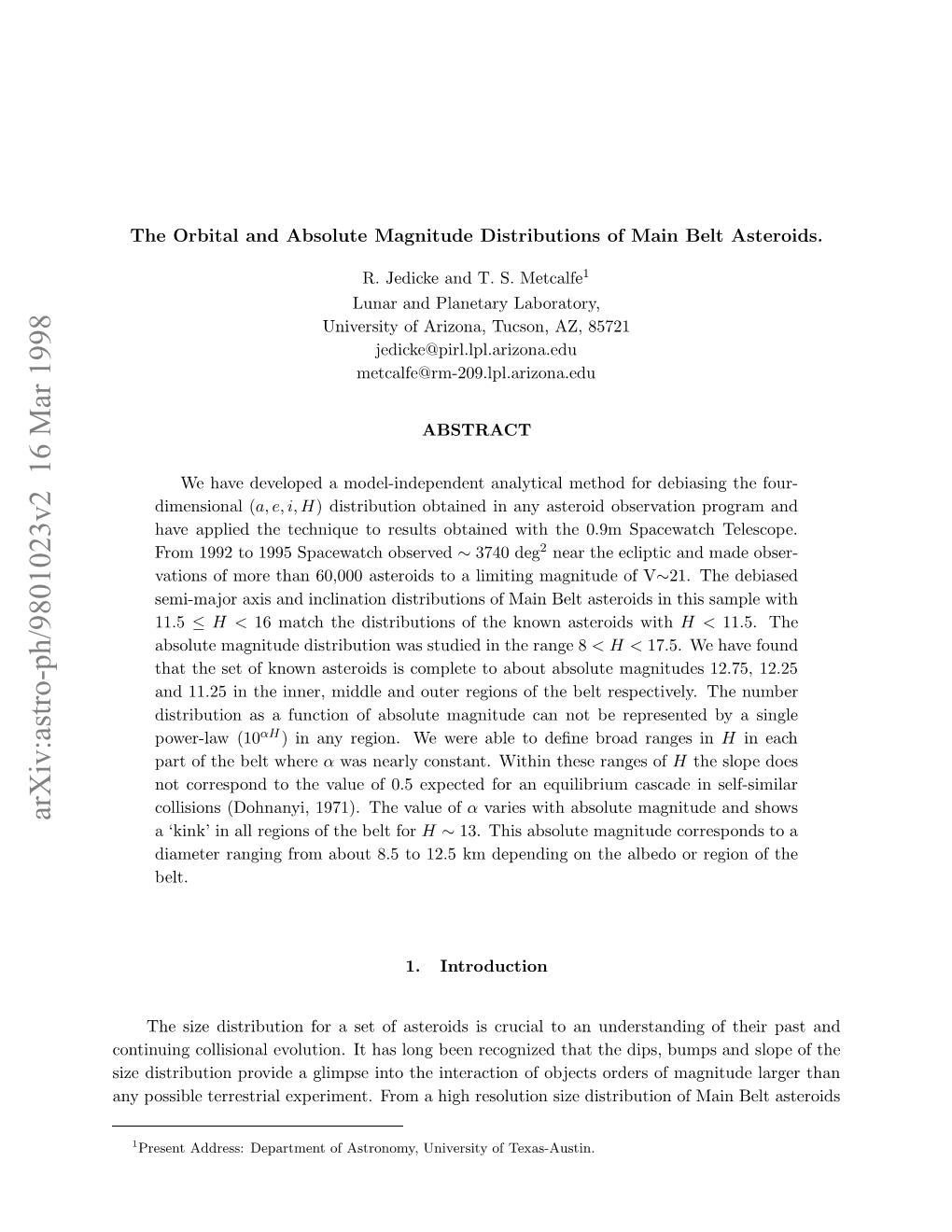 The Orbital and Absolute Magnitude Distributions of Main Belt Asteroids