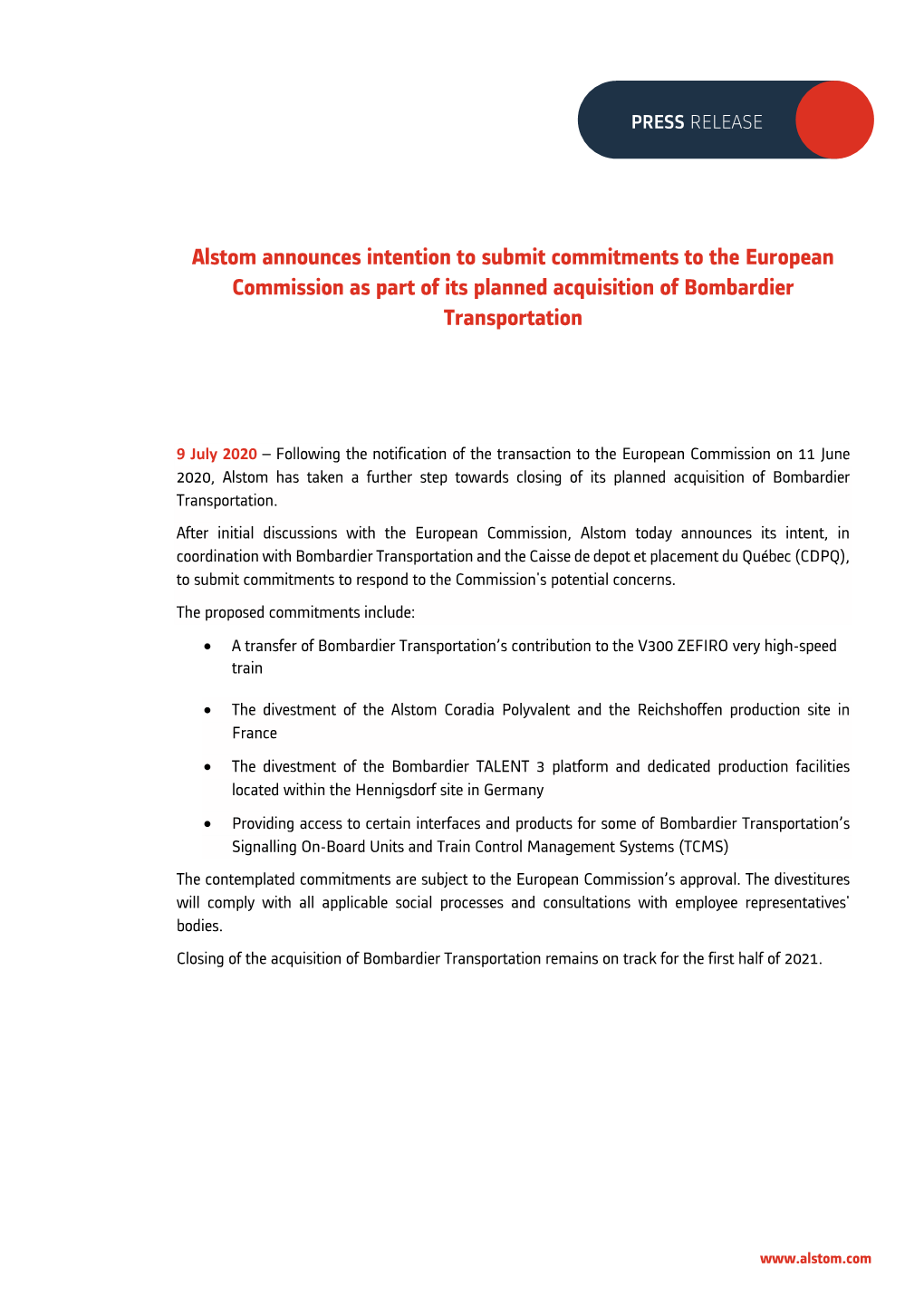 Alstom Announces Intention to Submit Commitments to the European Commission As Part of Its Planned Acquisition of Bombardier Transportation