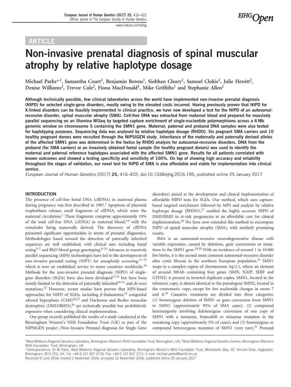 Non-Invasive Prenatal Diagnosis of Spinal Muscular Atrophy by Relative Haplotype Dosage