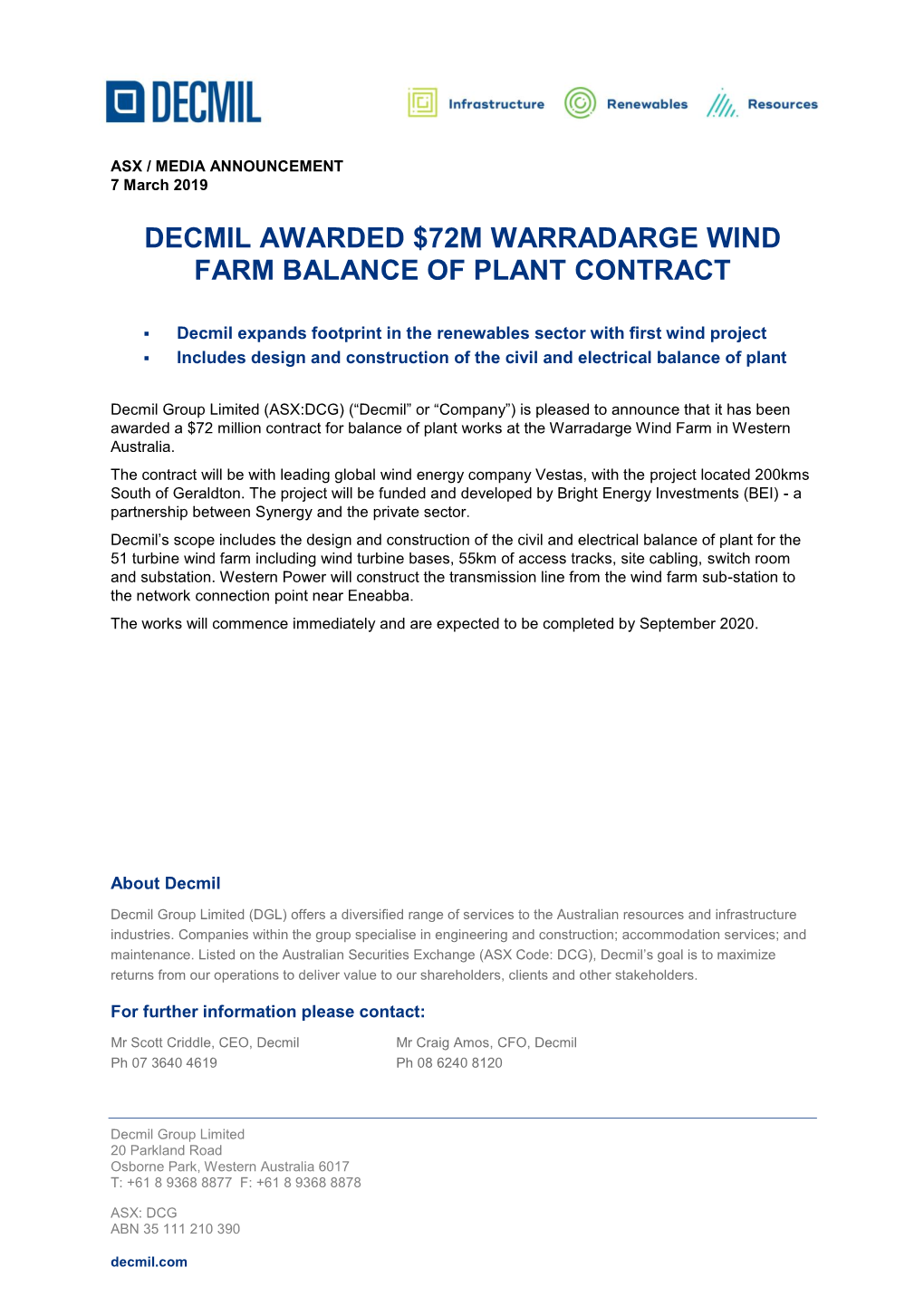 Decmil Awarded $72M Warradarge Wind Farm Balance of Plant Contract