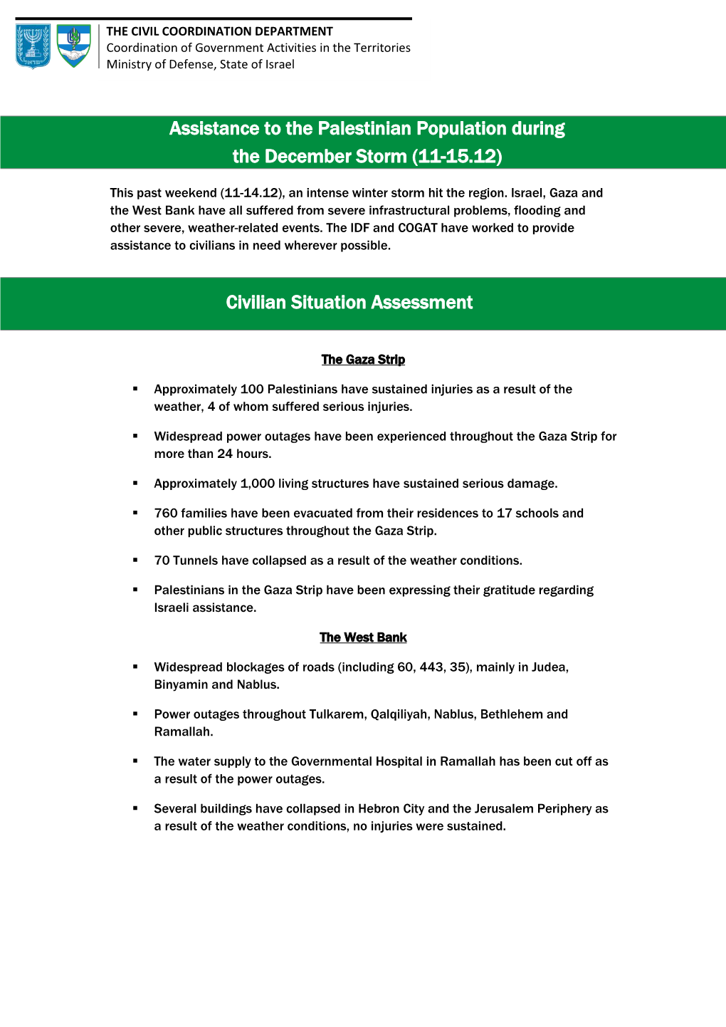 Assistance to the Palestinians During the December Storm