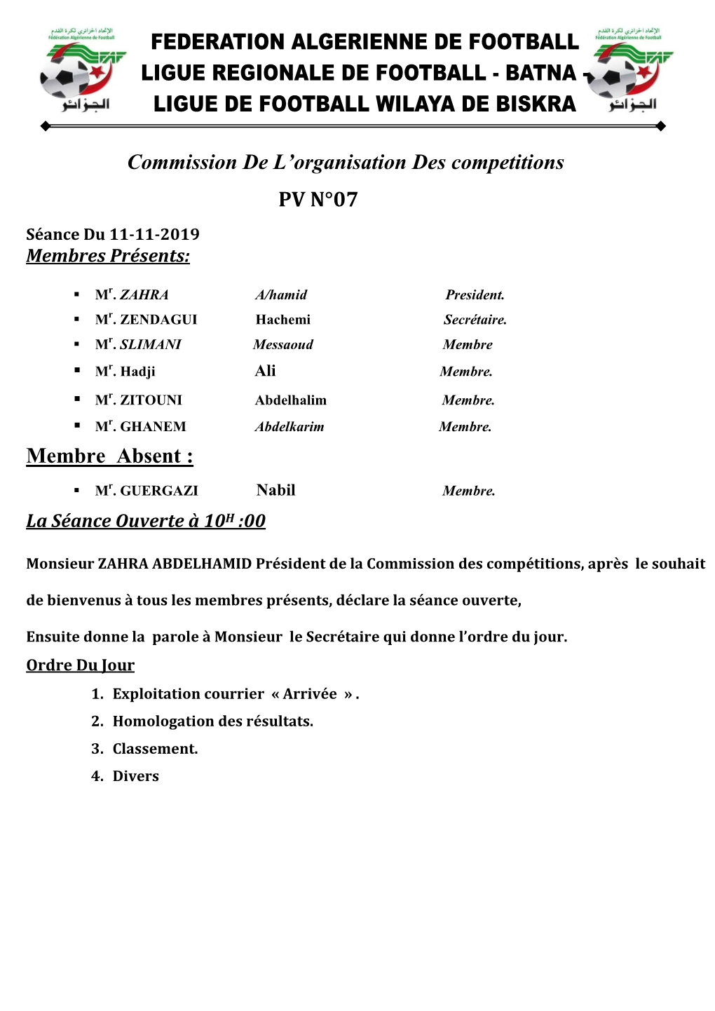 Commission De L'organisation Des Competitions PV N°07