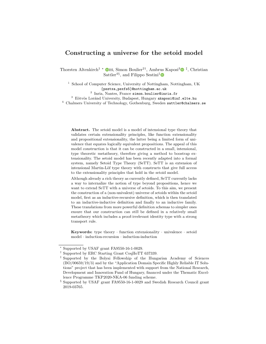 Constructing a Universe for the Setoid Model