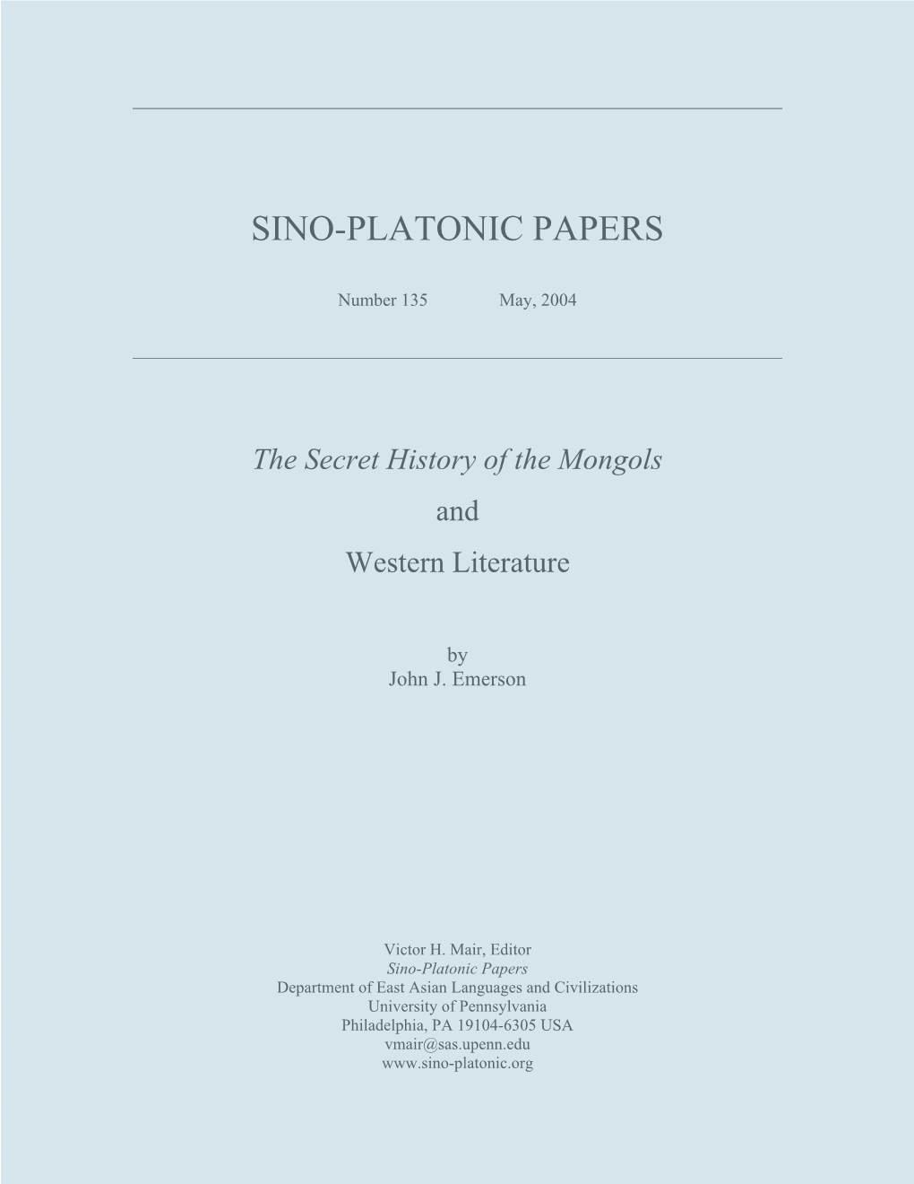 The Secret History of the Mongols and Western Literature