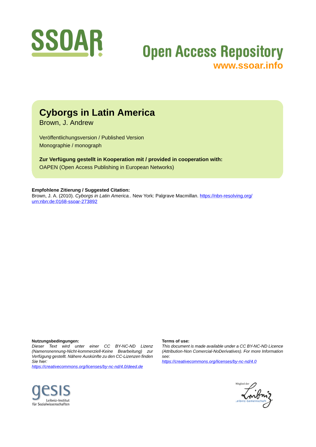 Cyborgs in Latin America Brown, J