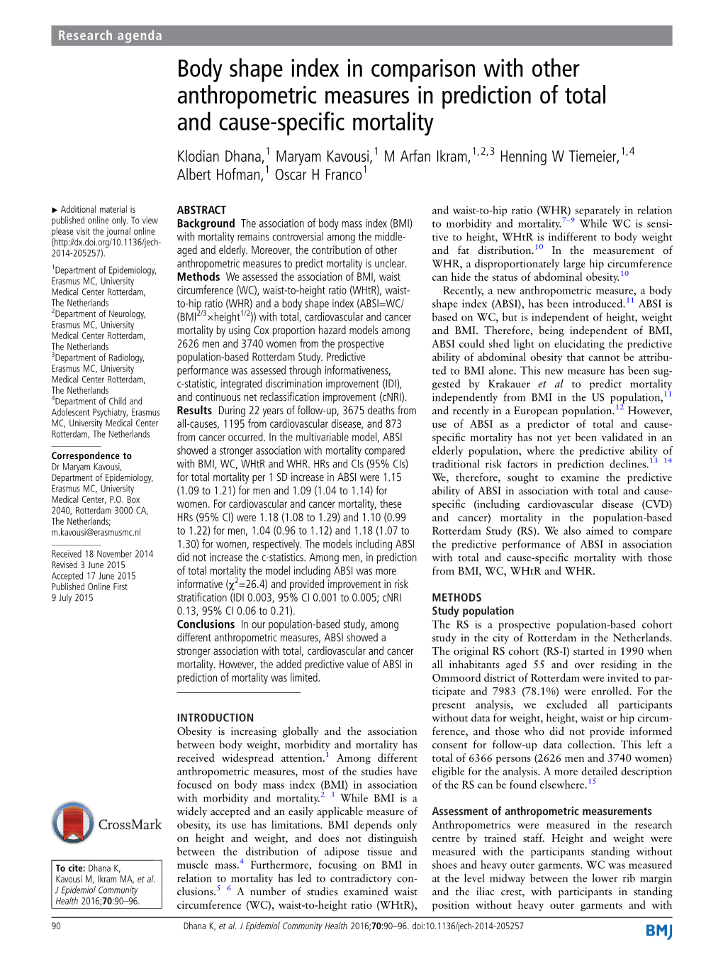 Body Shape Index in Comparison with Other Anthropometric Measures In