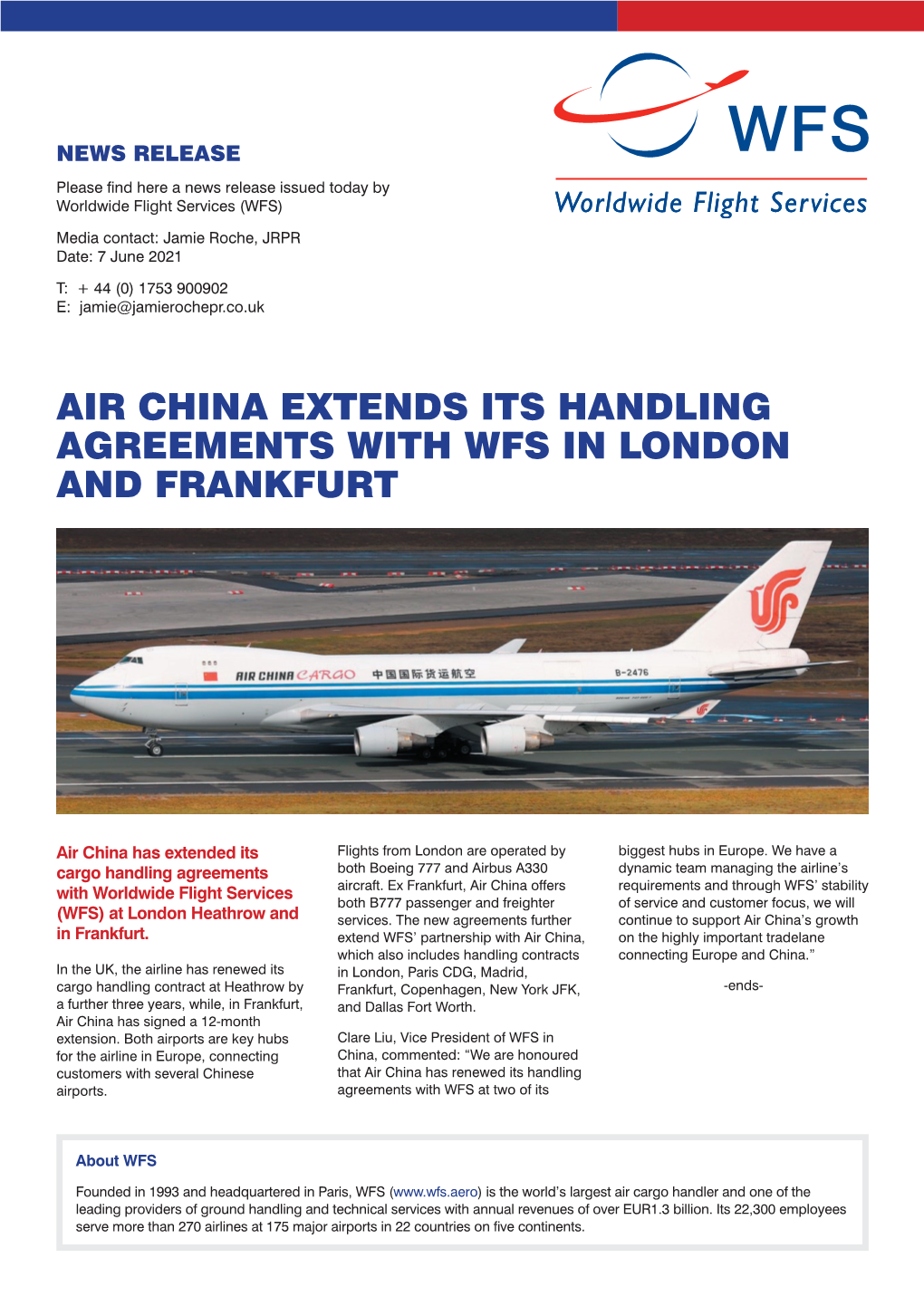 Air China Extends Its Handling Agreements with Wfs in London and Frankfurt