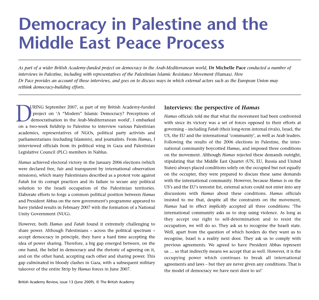 Democracy in Palestine and the Middle East Peace Process