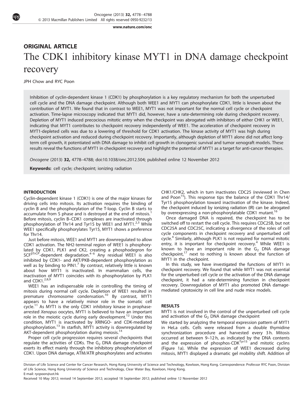 The CDK1 Inhibitory Kinase MYT1 in DNA Damage Checkpoint Recovery