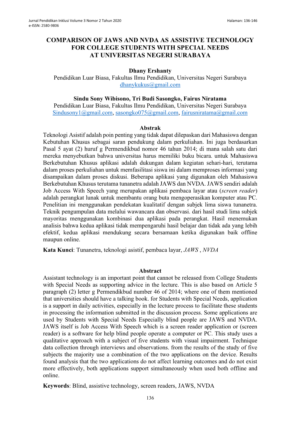 Comparison of Jaws and Nvda As Assistive Technology for College Students with Special Needs at Universitas Negeri Surabaya