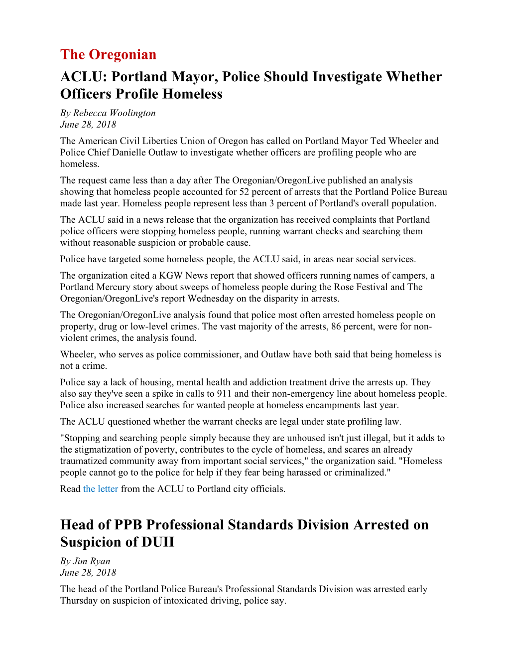 Portland Mayor, Police Should Investigate Whether Officers Profile Homeless Head of PPB Professional Standar