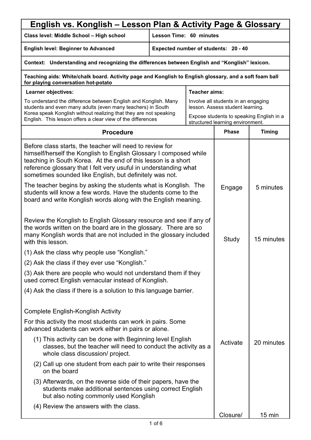 See the Following Page for the English- Konglish Glossary and Activity Worksheet