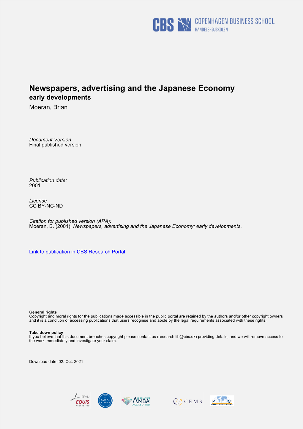 Newspapers, Advertising and the Japanese Economy Early Developments Moeran, Brian