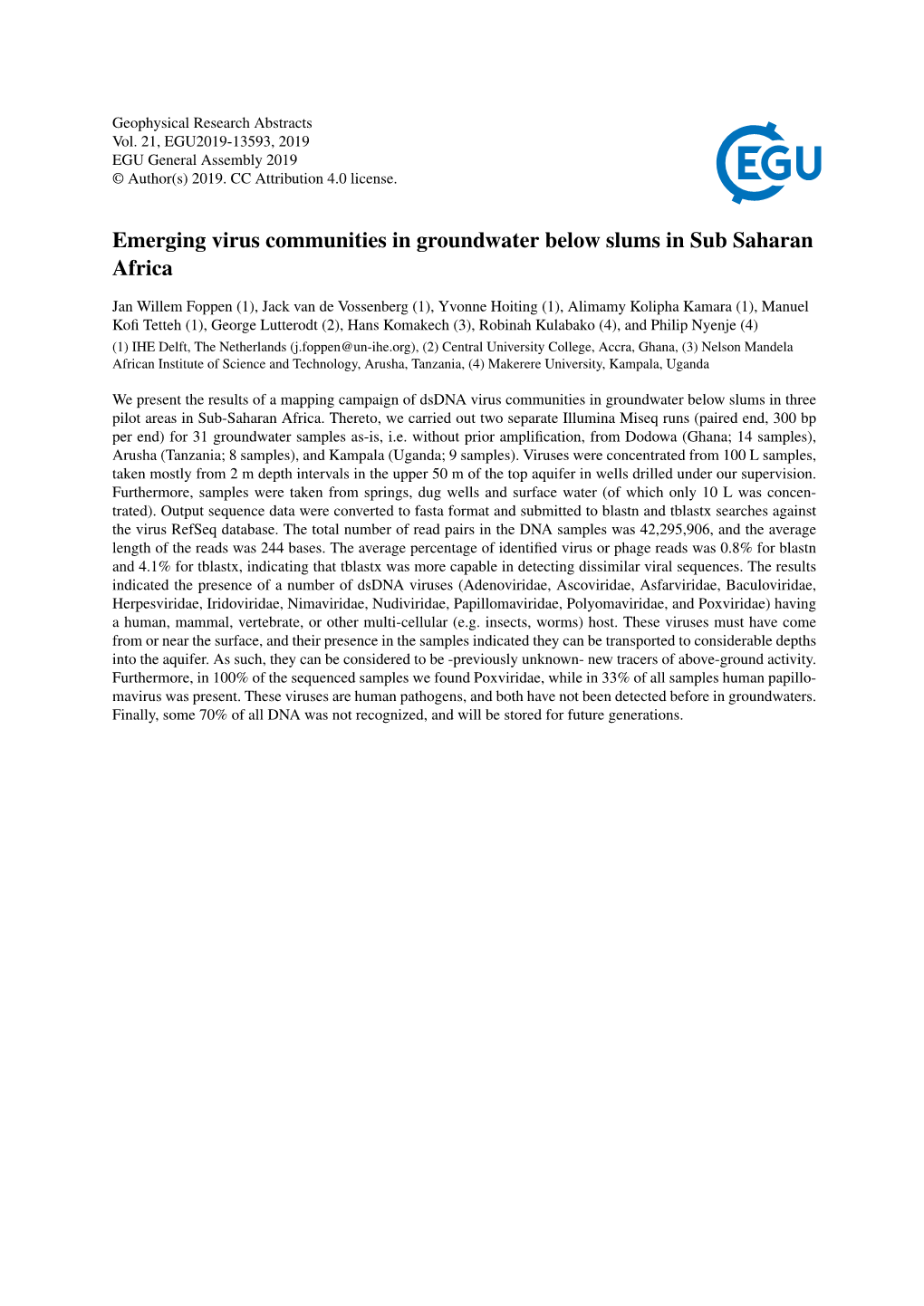 Emerging Virus Communities in Groundwater Below Slums in Sub Saharan Africa