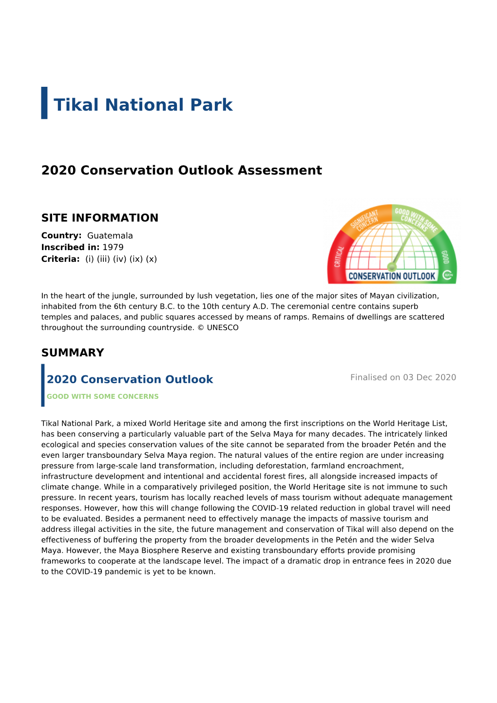 Tikal National Park - 2020 Conservation Outlook Assessment