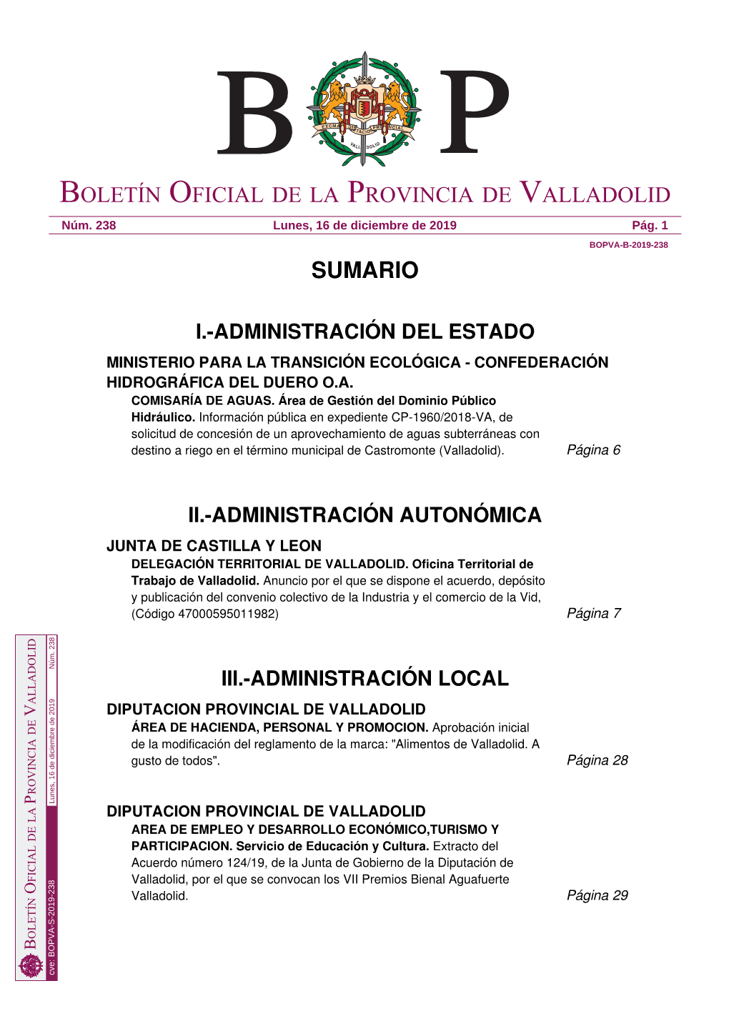 Sumario Boletín Oficial De La Provincia De Valladolid