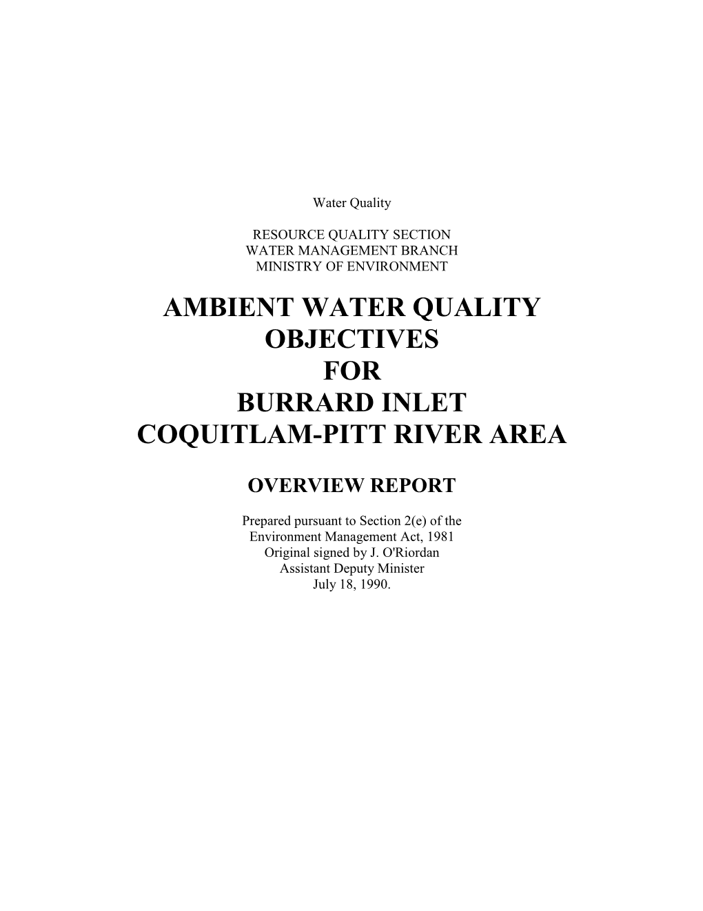 Ambient Water Quality Objectives for Burrard Inlet Coquitlam-Pitt River Area