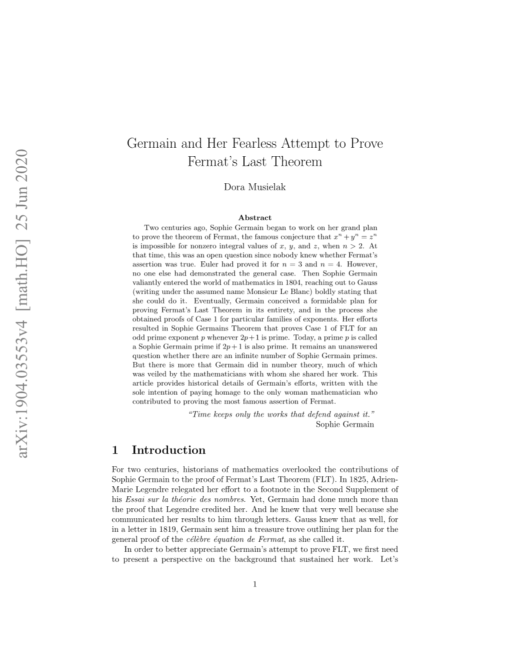 Germain and Her Fearless Attempt to Prove Fermat's Last Theorem