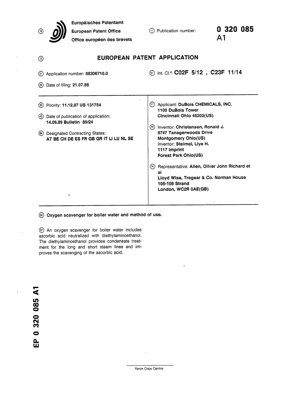 Oxygen Scavenger for Boiler Water and Method of Use