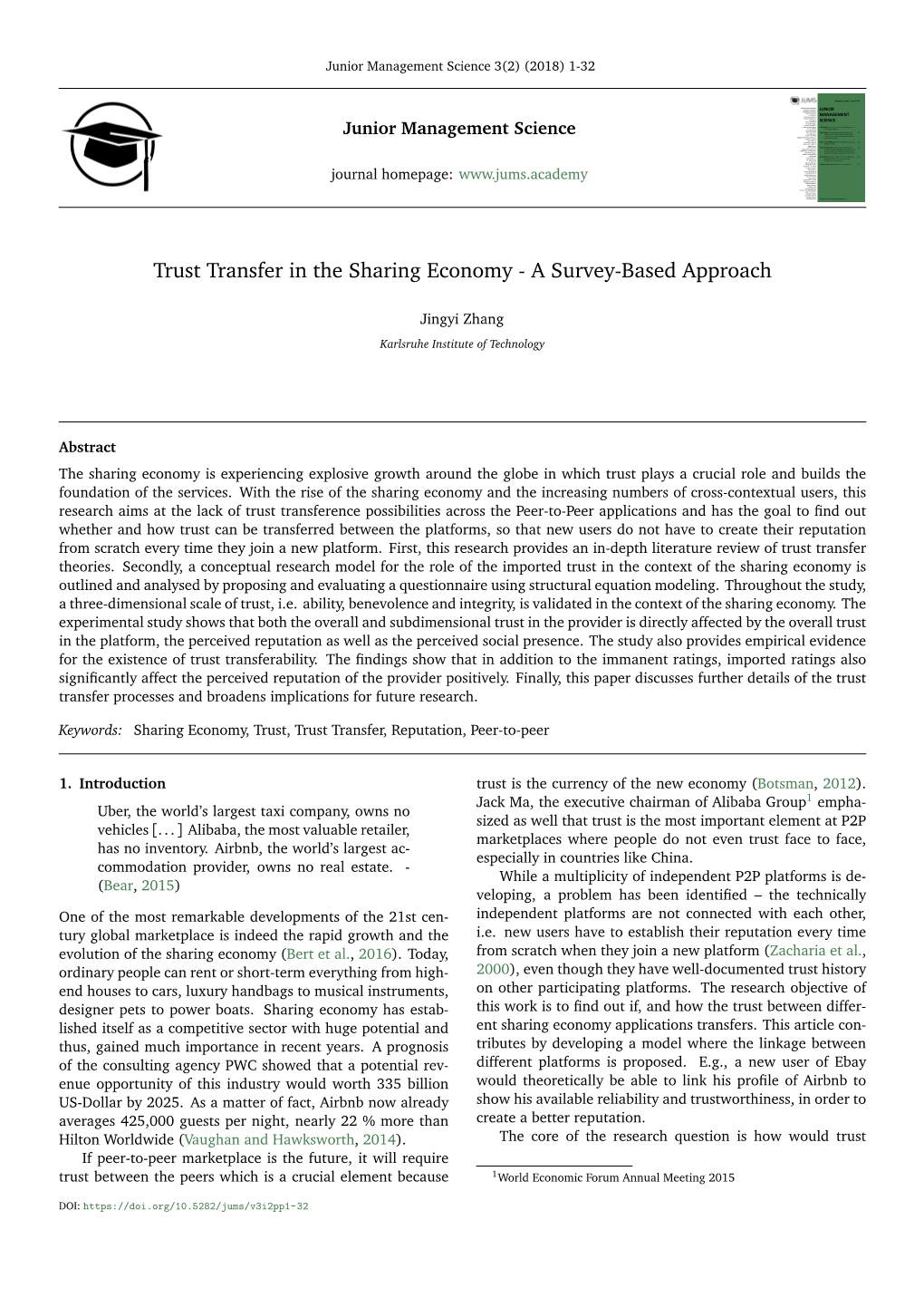 Trust Transfer in the Sharing Economy - a 1 KATJA HUTTER Survey-Based Approach LUTZ JOHANNING STEPHAN KAISER Fabien Rozzi, the Impact of the Gig-Economy on U.S